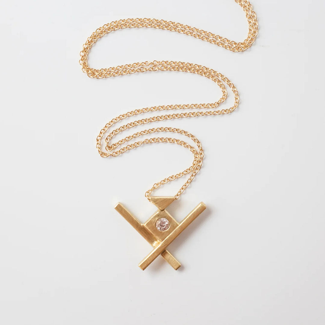 Handmade, symmetric 18k gold Lietuva necklace by Truss and Ore