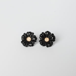 Carved Black Jade Flower Earrings